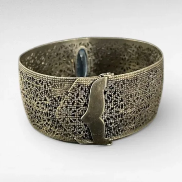 Antique Art Deco Wide Filigree Blue Glass Center Stone Buckle Bracelet - Picture 10 of 13